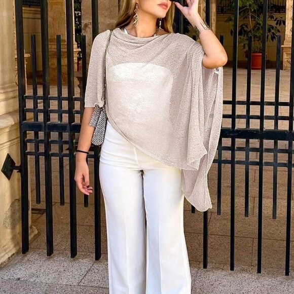 Khaki Color Elegant Women's Loose Knit Shawl poncho kint top - Picture 2 of 7